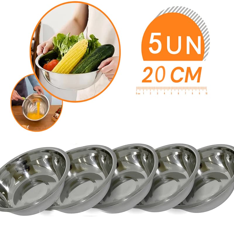 Kit 5 Tigelas de Aço Inox 20cm - Multiuso para Saladas, Cozinha Profissional e Gourmet