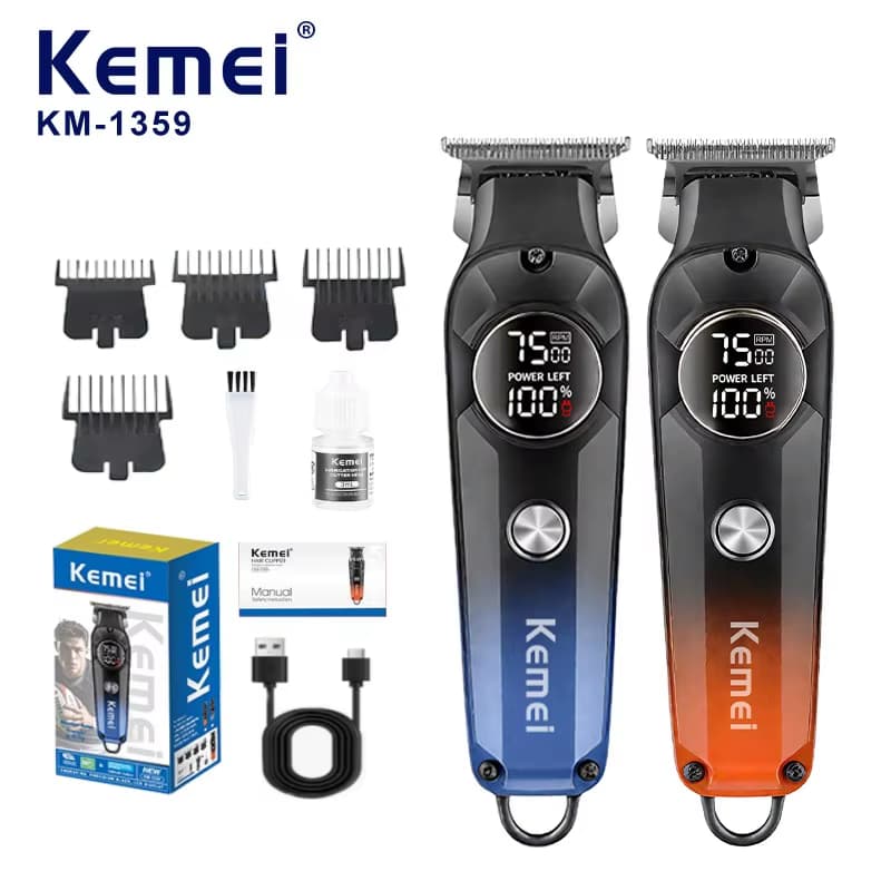 Máquina de Cortar Cabelo e Barba Kemei KM-1359 – Motor 7500RPM, Bateria 1200mAh, Display LED Turbo