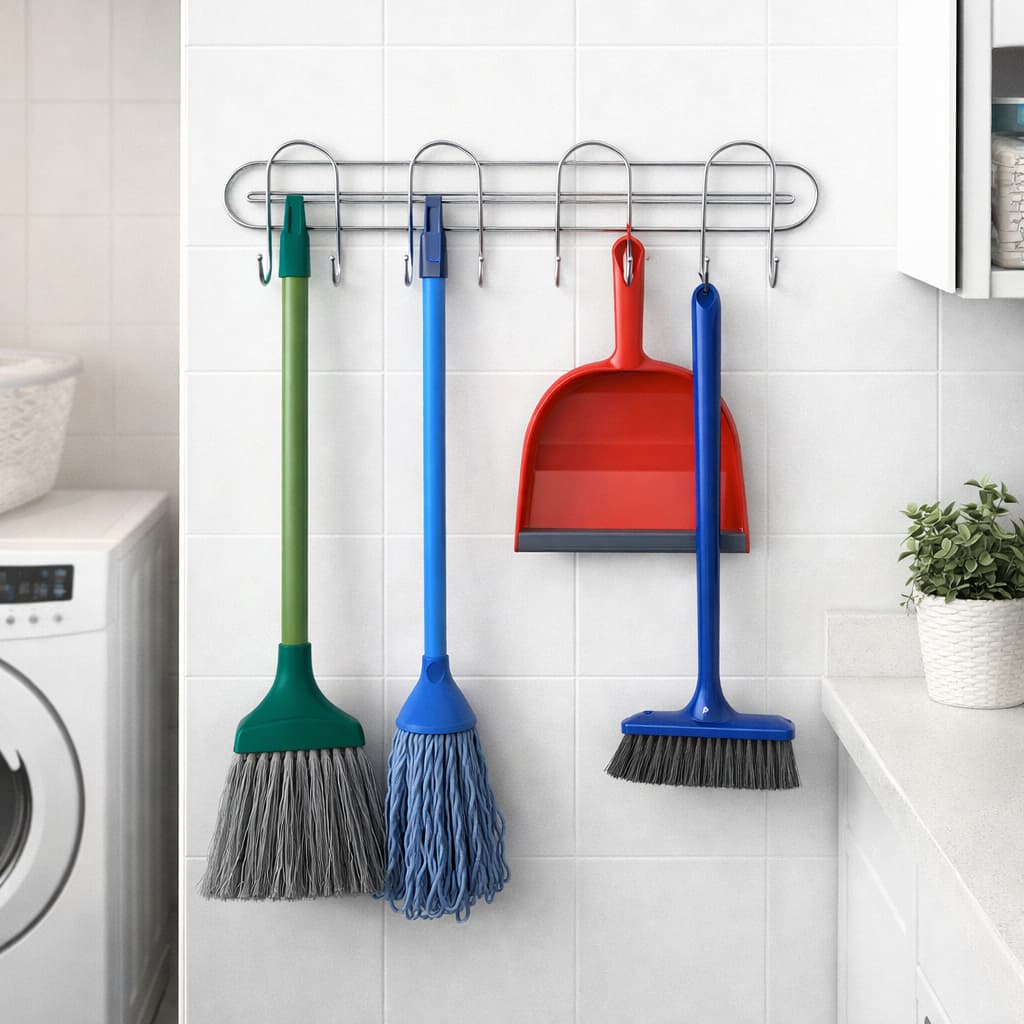 Suporte Organizador Porta Vassoura Rodo Com Ganchos Multiuso Aço Inox Reforçado