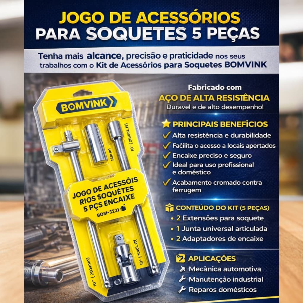Jogo de Ferramentas Cabo de Força, Extensor, Soquete articulado, Soquete 21mm e Soquete 16mm 1/2 - BOMVINK