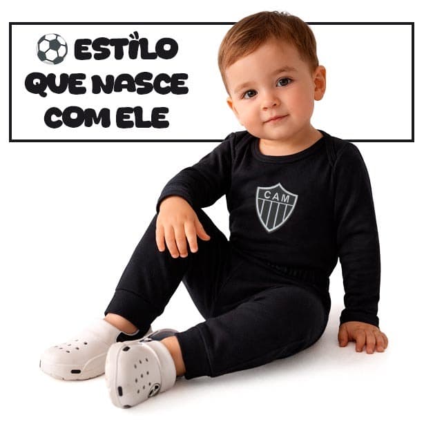Conjunto Body Térmico Atlético Mineiro Peluciado Brasão de Time Infantil Bebê Tamanho P ao 3 Anos