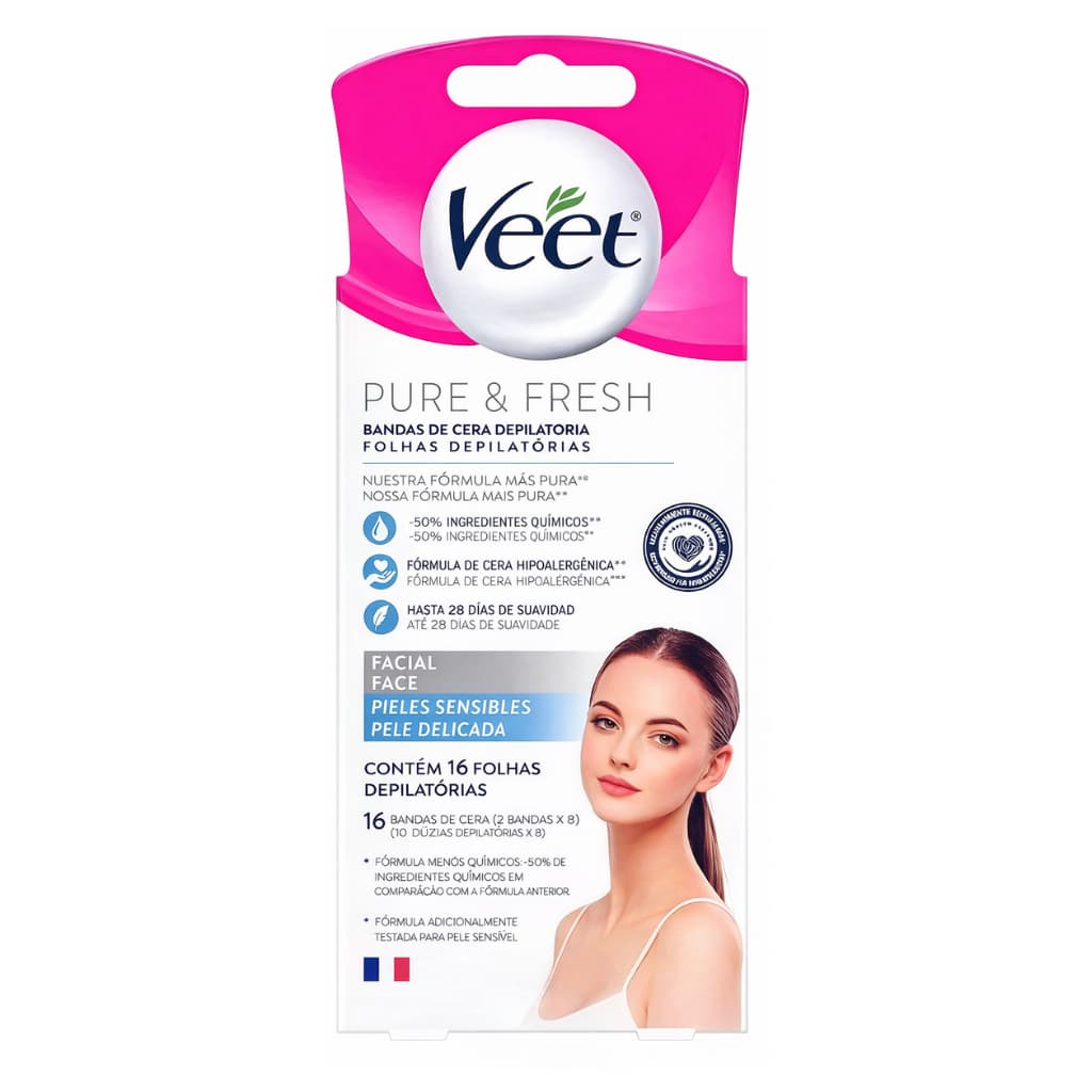 Folhas Depilatórias Veet Pure & Fresh Cera Facial para Pele Delicada com 16un