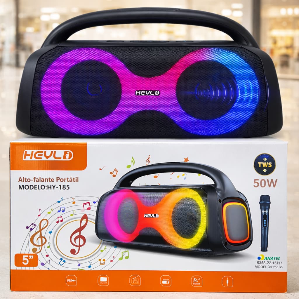 Caixa de Som Bluetooth Potente 50W RMS + Microfone Karaokê LED RGB TWS FM Recarregável