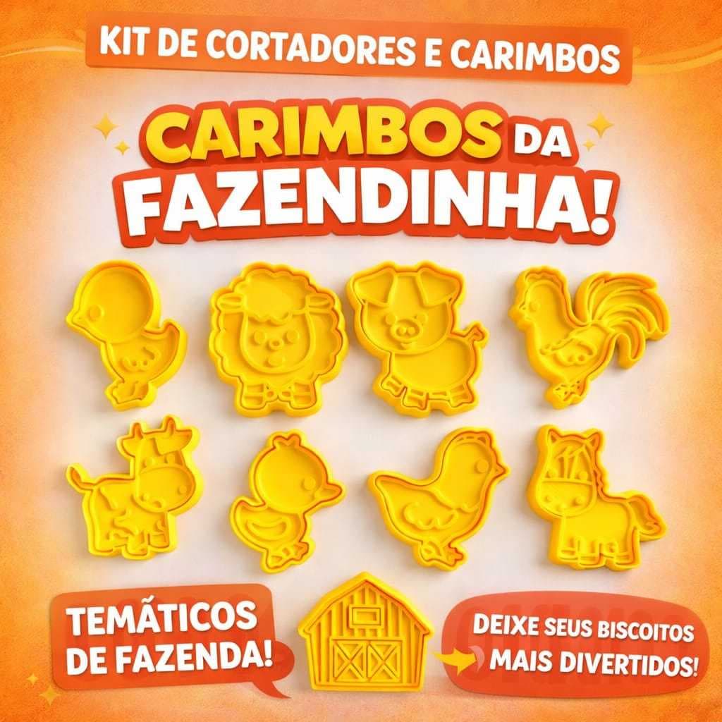 Kit 11 Cortador Carimbo Biscoito Animais da Fazenda – Ideal para Massinha e Confeitaria