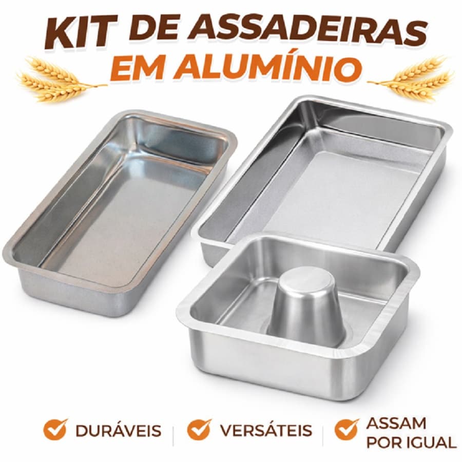 Kit Assadeiras Alumínio, Bolo Pudim e Pão | Forma Retangular 28cm + Forma Pudim Quadrada + Forma Pão