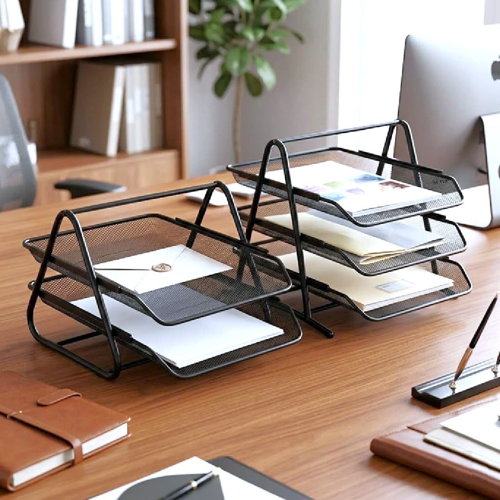 Organizador Mesa Escaninho Escritório 2 e 3 Bandejas A4 Tela Metálica Preta Papéis Documentos