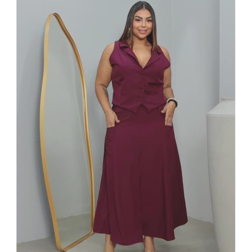 Conjunto Feminino Elegante Colete E Saia Longa Fenda Louis Twill M ao G3 Moda Evangélica