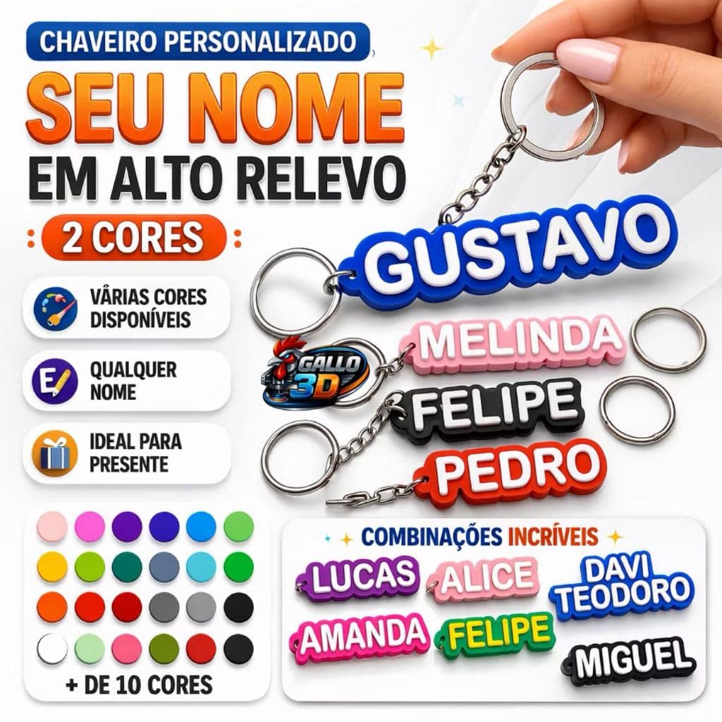 Chaveiro Personalizado com Nome 2 Cores Alto Relevo para Mochila Estojo e Lancheira