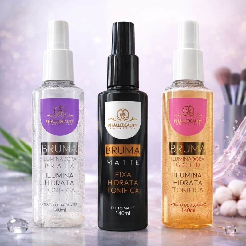 Kit 3 Bruma Fixadora Iluminadora Gold Prata Matte Phallebeauty 140 ml