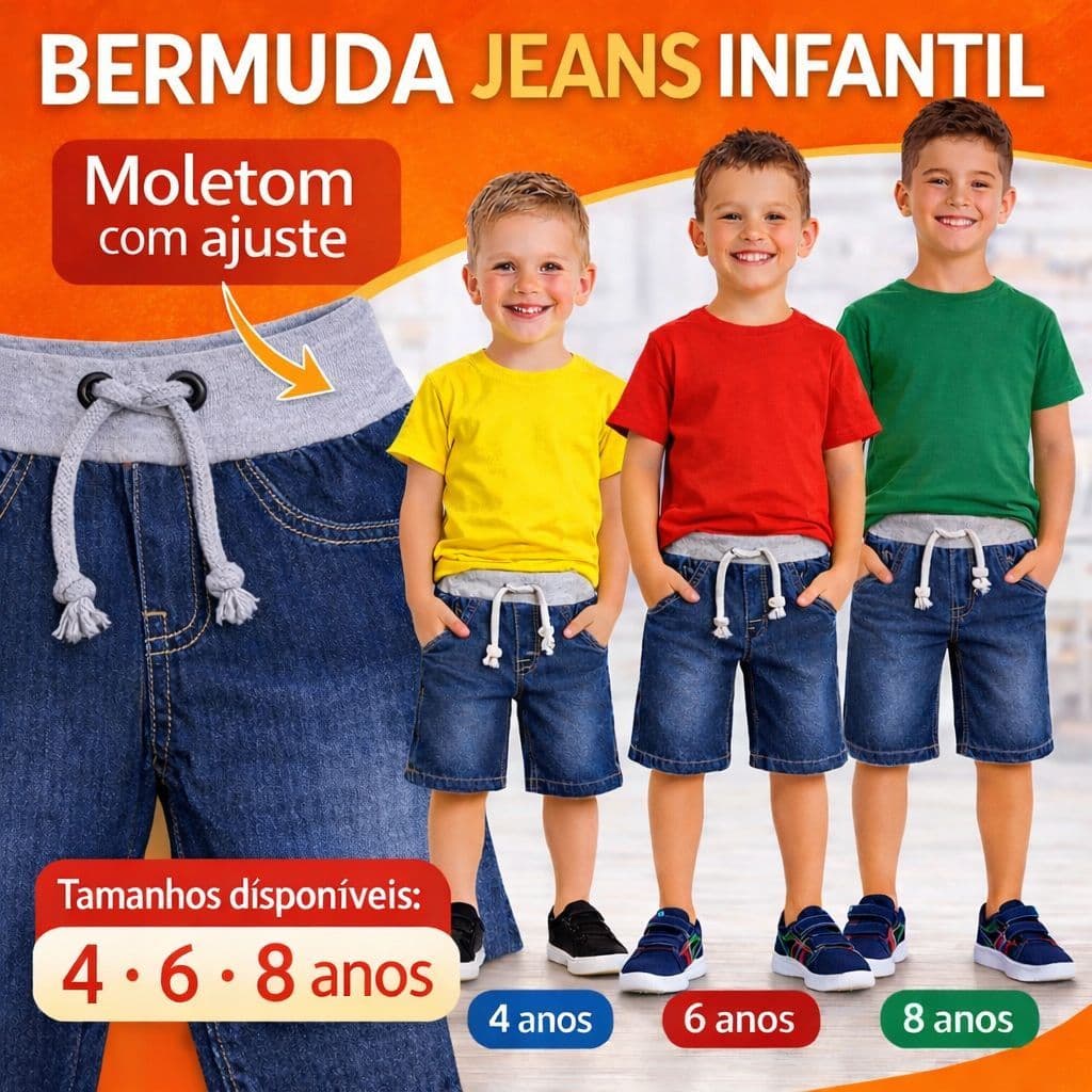 Bermuda Jeans Infantil Menino Cintura Moletom com Elástico 4 6 8 anos.