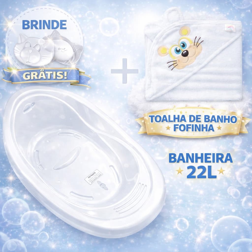 Kit Banho bebe Banheira 22 L + Toalha de Banho + Saboneteira Brinde Premium
