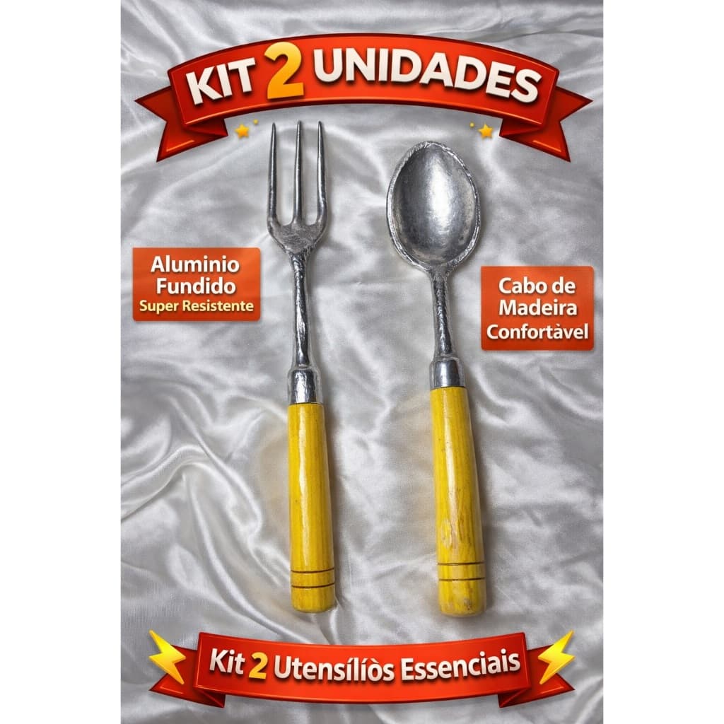 Kit Colher e Garfo de Cozinha Alumínio Fundido com Cabo de Madeira Reforçado Utensílios Resistentes 2 Peças