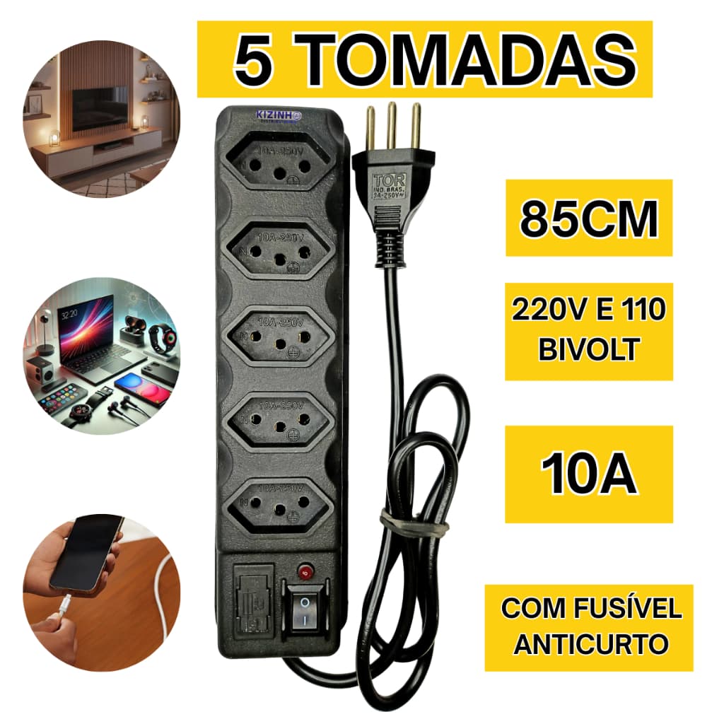 Filtro de Linha 5 Tomadas Preta Bivolt Régua Elétrica 10A 85m Régua + Cabo