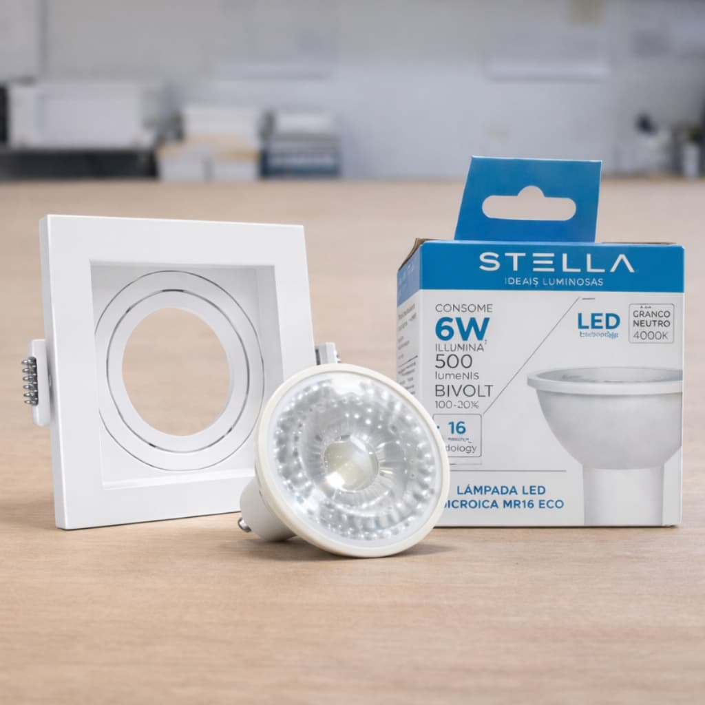 Kit Spot MR16 Recuado Branco Quadrado + Lâmpada LED 4000K Branco Neutro Promoção FG Frete Grátis