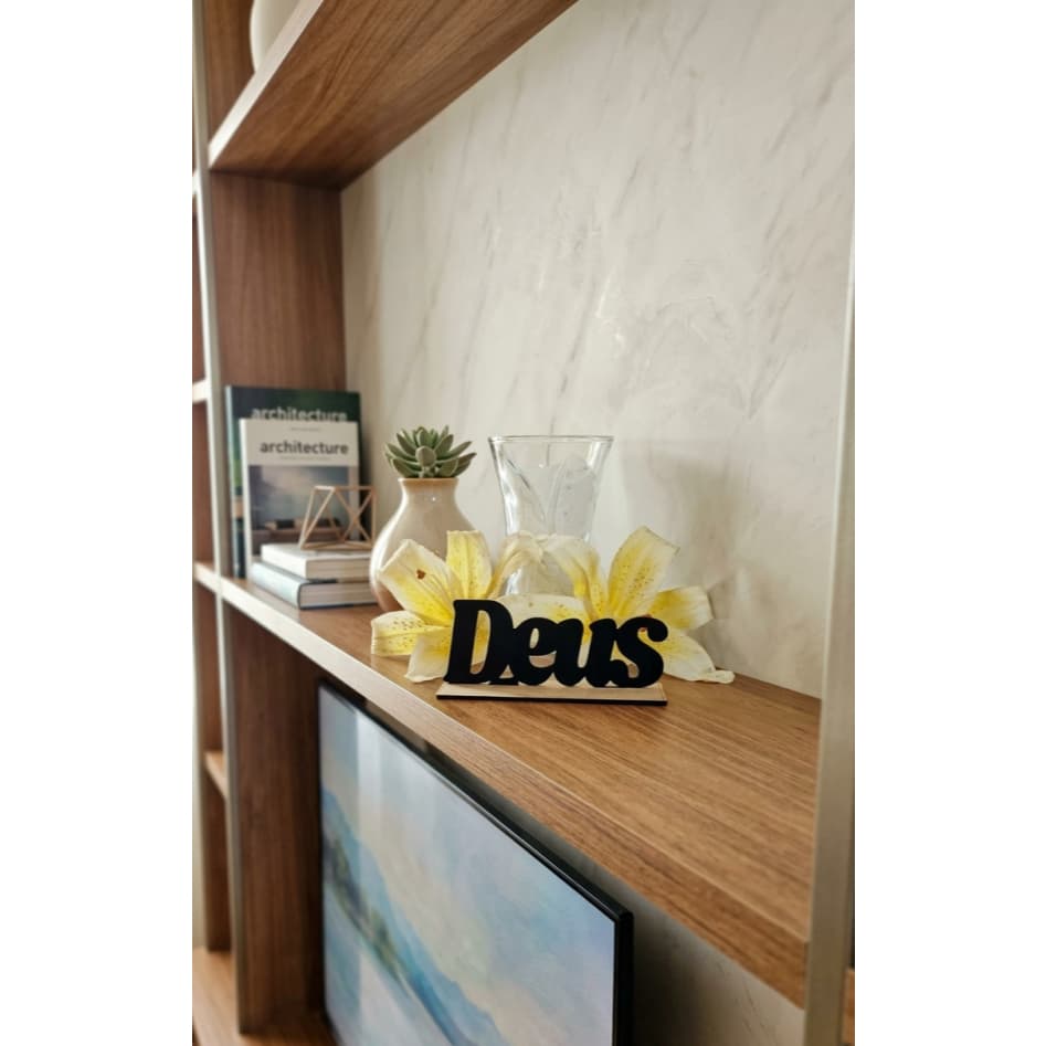 Placa decorativa de MDF escrita "Deus" decor, decoração, luxo, fé, cristã, sala, quarto, sala, mesa posta, escritório