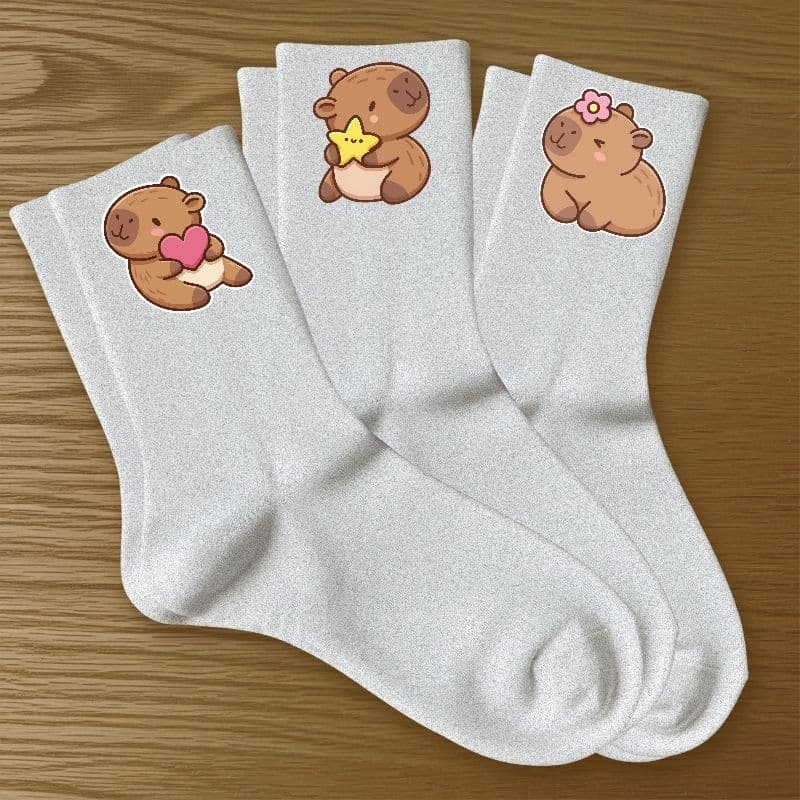 Kit 3 Pares Meias Estampa Capivara Algodão Macio Academia Passeio Confortável Tendência