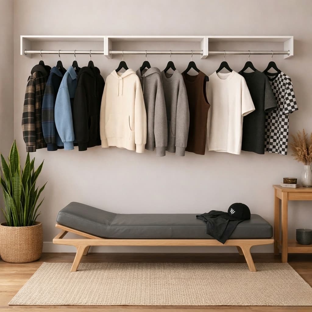 Nicho Arara de Roupas - Cabideiro de Parede Closet / Quarto Loja MDF Branco Suporte Metal