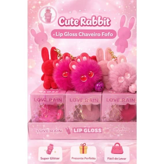 Lip Gloss Coelhinho Chaveiro Cute Rabbit Hidratante Infantil Kawaii Pompom 3 Cores