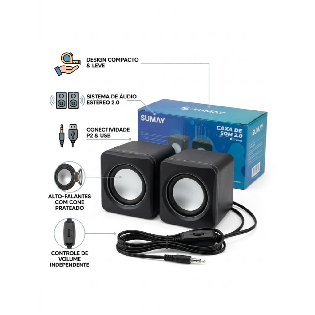 Caixa de Som para PC Notebook Celular USB P2 Estéreo 2.0 Sumay Som Potente Compacta