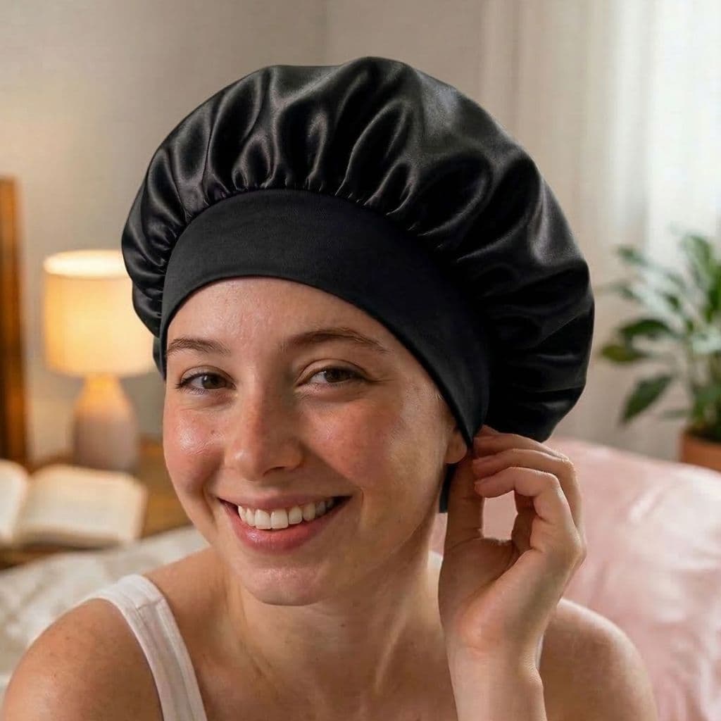 Touca De Cetim Dupla Face Anti Frizz Para Dormir Confortável Faixa Grossa Cor Preta Envio Imediato
