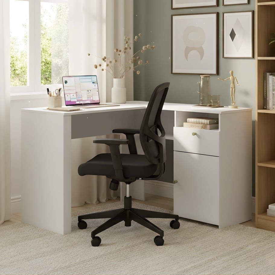 Escrivaninha Mesa de Canto Escritório Home Office Mesa de Computador em L para Estudo Flora Branca