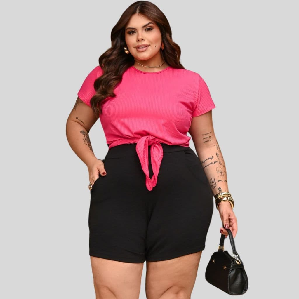 Conjunto Malha Plus Size Feminino. Conj Crepe e Canelado Plus size. Conjunto Feminino Plus Size com Blusa de Amarração.