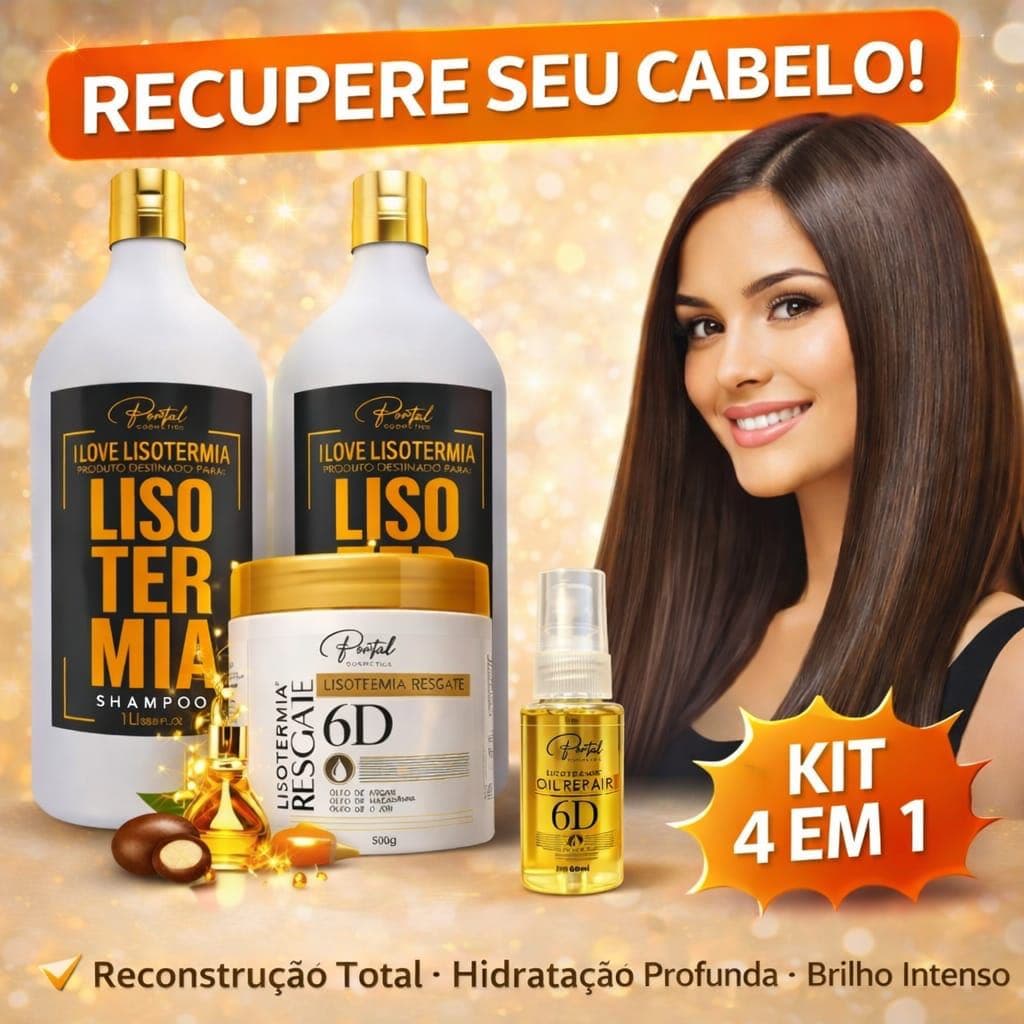 Kit Lisotermia 4 em 1 Portal Cosmetics Shampoo 1L + Condicionador 1L + Máscara Resgate 6D + Óleo Reparador 6D Hidratação