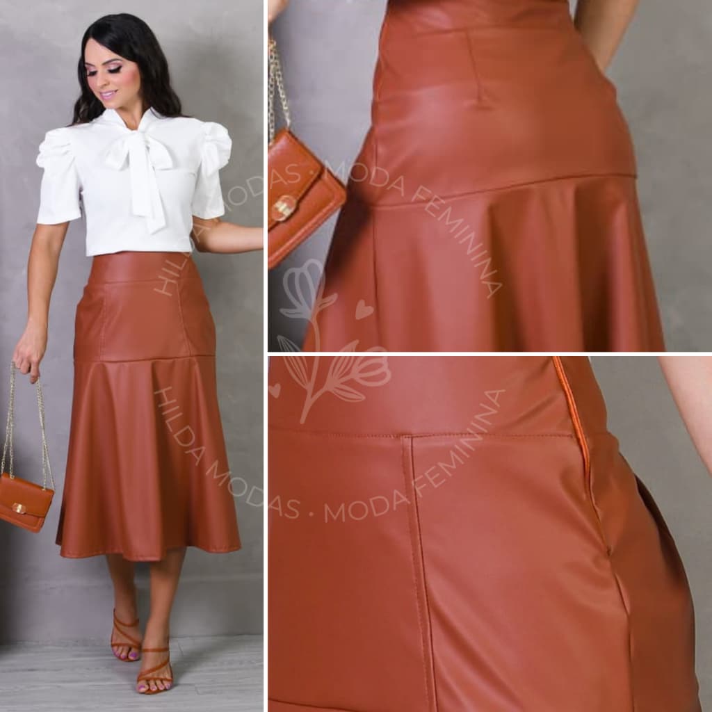 Saia Midi Godê Feminina de Couro Sintético com Forro e Zíper na Lateral Elegante Moda Evangélica