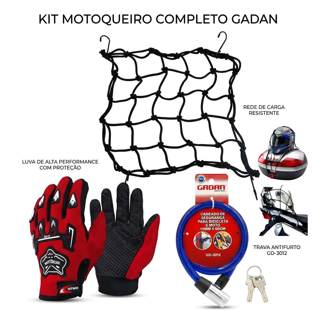 Kit Motoqueiro Gadan Completo Rede Elástica + Cadeado + Luva Proteção Moto Delivery