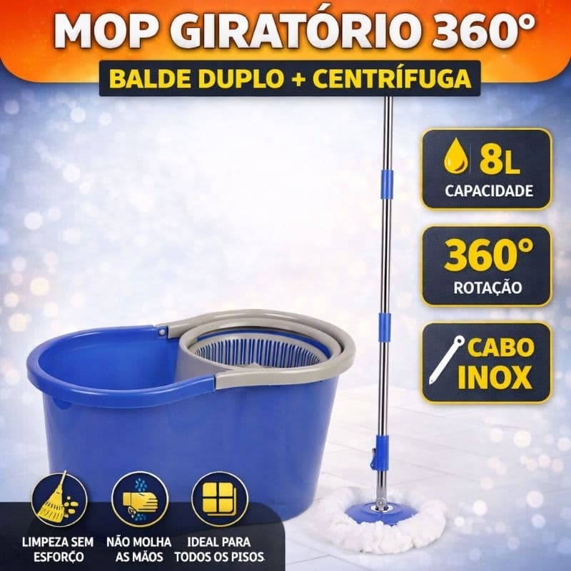 Mop Giratório 360° com Balde Duplo Inox 8L Esfregão Limpeza
