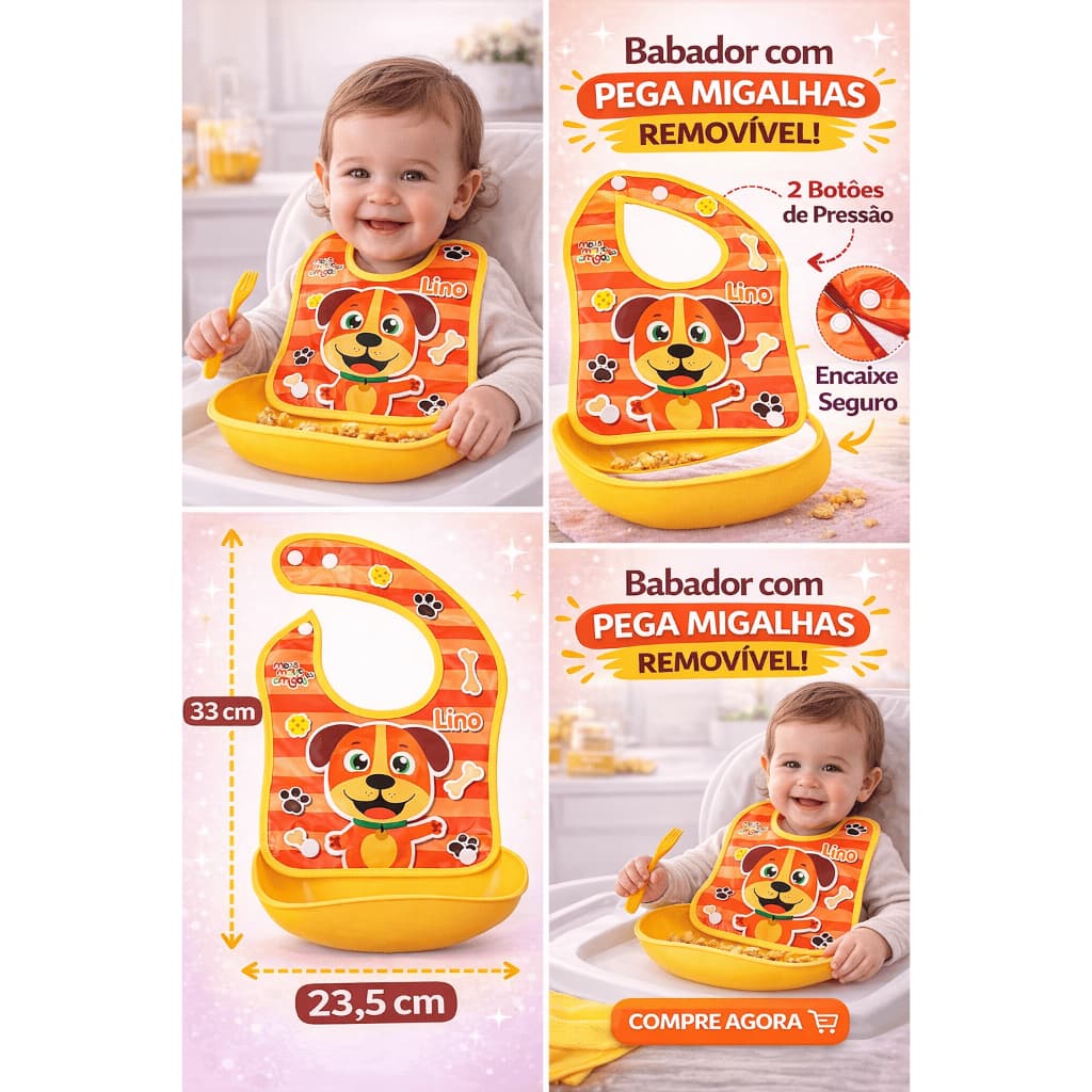Babador Bebê Impermeável com Bolso Coletor Migalhas Ajustável Silicone Fácil Limpar
