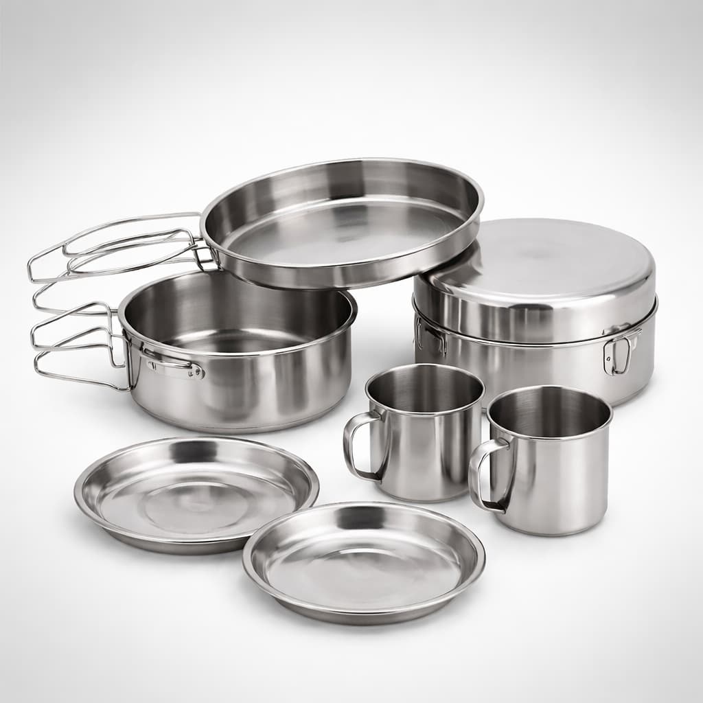 Kit Panelas Inox Camping 8 Peças Portátil Cozinha Outdoor Praia Viagem