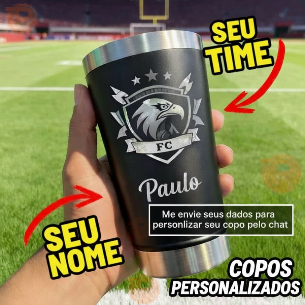 Copo termico 473ml Personalizado Nome e Time + tampa e abridor