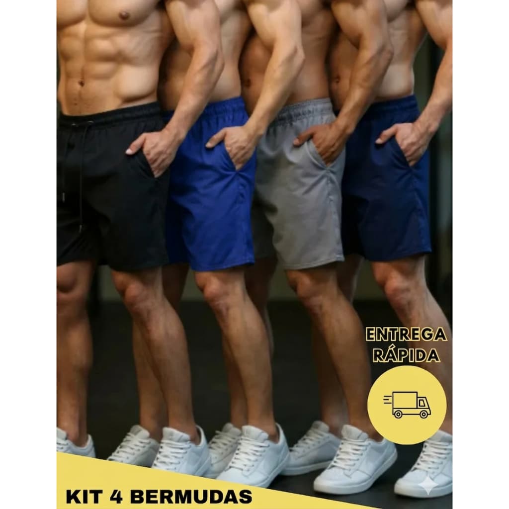 Kit 4 Shorts Bermuda Liso Tactel Masculina Bolso Academia Praia Promoção