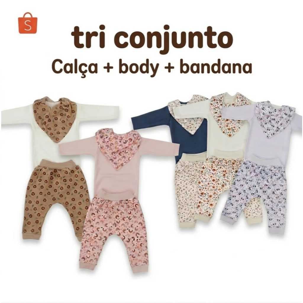 Kit Bebê Tri Conjunto 3 Peças + Body Manga Longa + Calça + Bandana