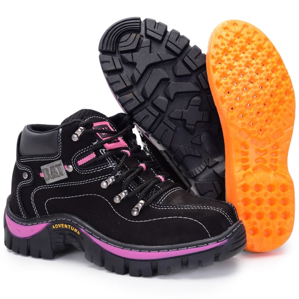 Bota Adventure Macia Palmilha Em Gel Conforto Couro Legitimo Preto Rosa Feminina Unissex