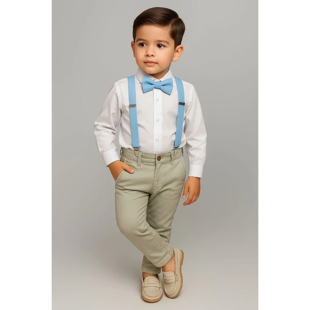 Calça Nude Camisa Branca Gravata Suspensório Azul Claro Batizado Pajem Casamento Formatura Menino Infantil Social
