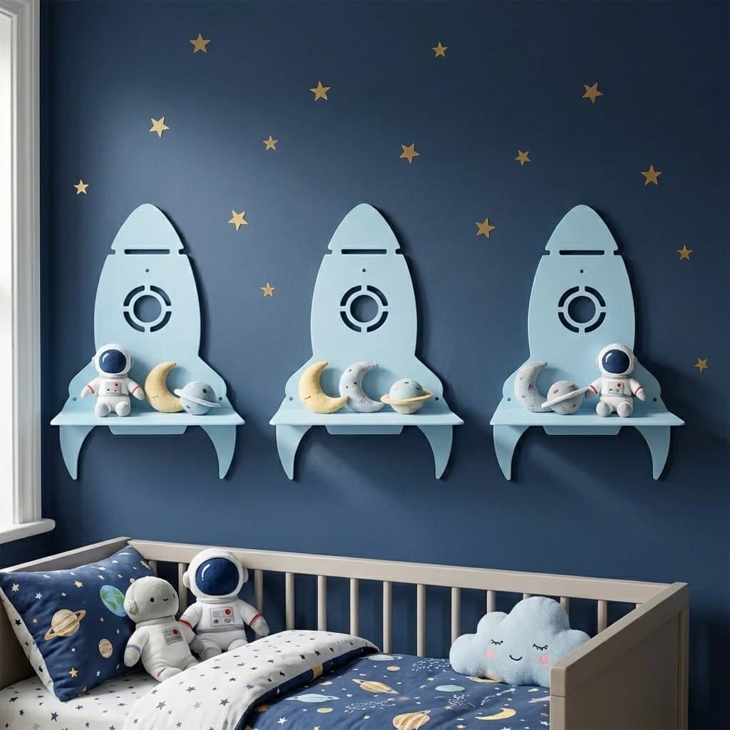 Trio Prateleira Foguete Infantil MDF Decorativa Quarto Bebê Espaço Astronauta