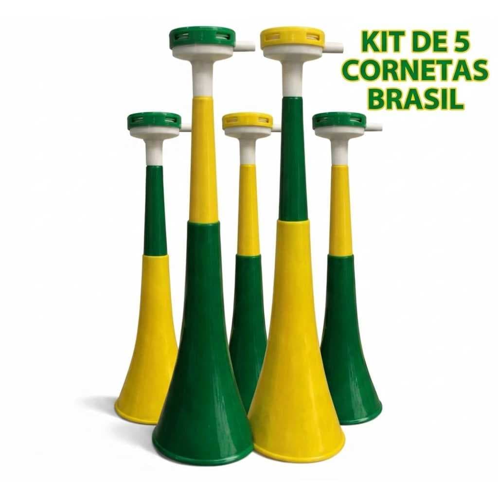 kit com 5 Corneta de Torcida 40cm Verde e Amarela – Corneta de Assoprar para Jogos, Copa do Mundo, Futebol e Festas