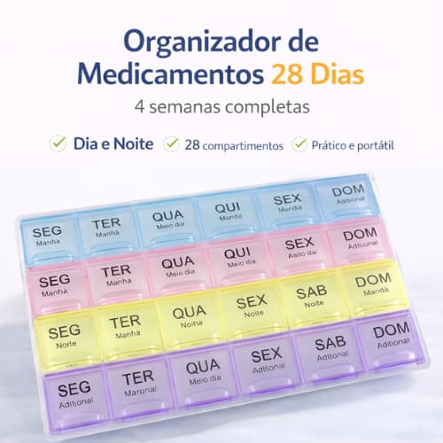 Porta Comprimido Organizador 28 dias 4 semanas Caixinha de Remédio Manhã e Noite Semanal e Mensal