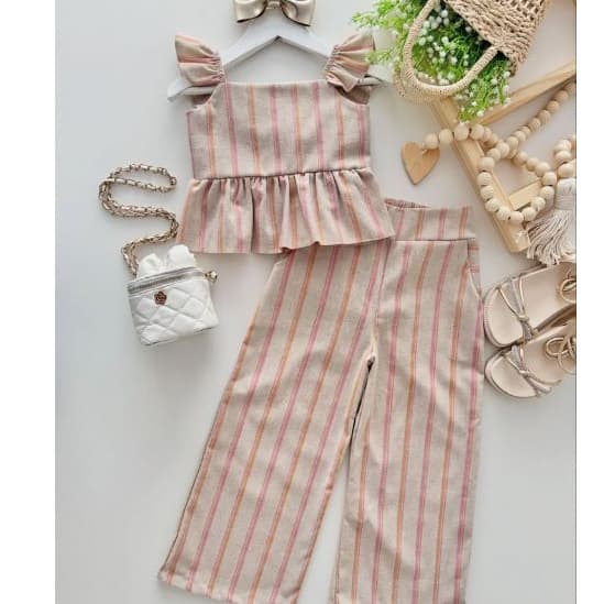 conjunto pantalona listrado con babadinho infantil+ alça de princesa
