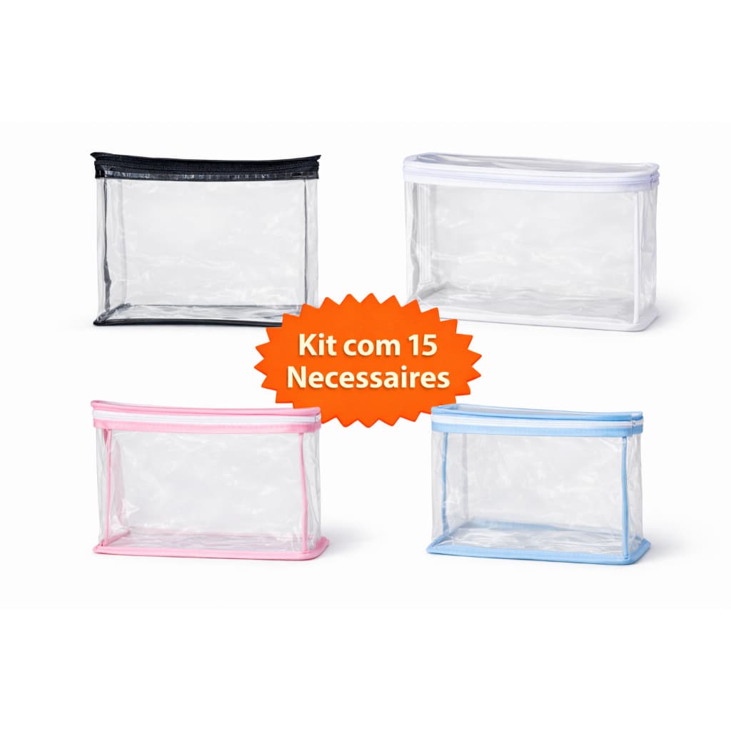 Kit 15 Necessaires Transparentes com Zíper | Organizadores Multiuso Maternidade, Viagem e Kit Festa