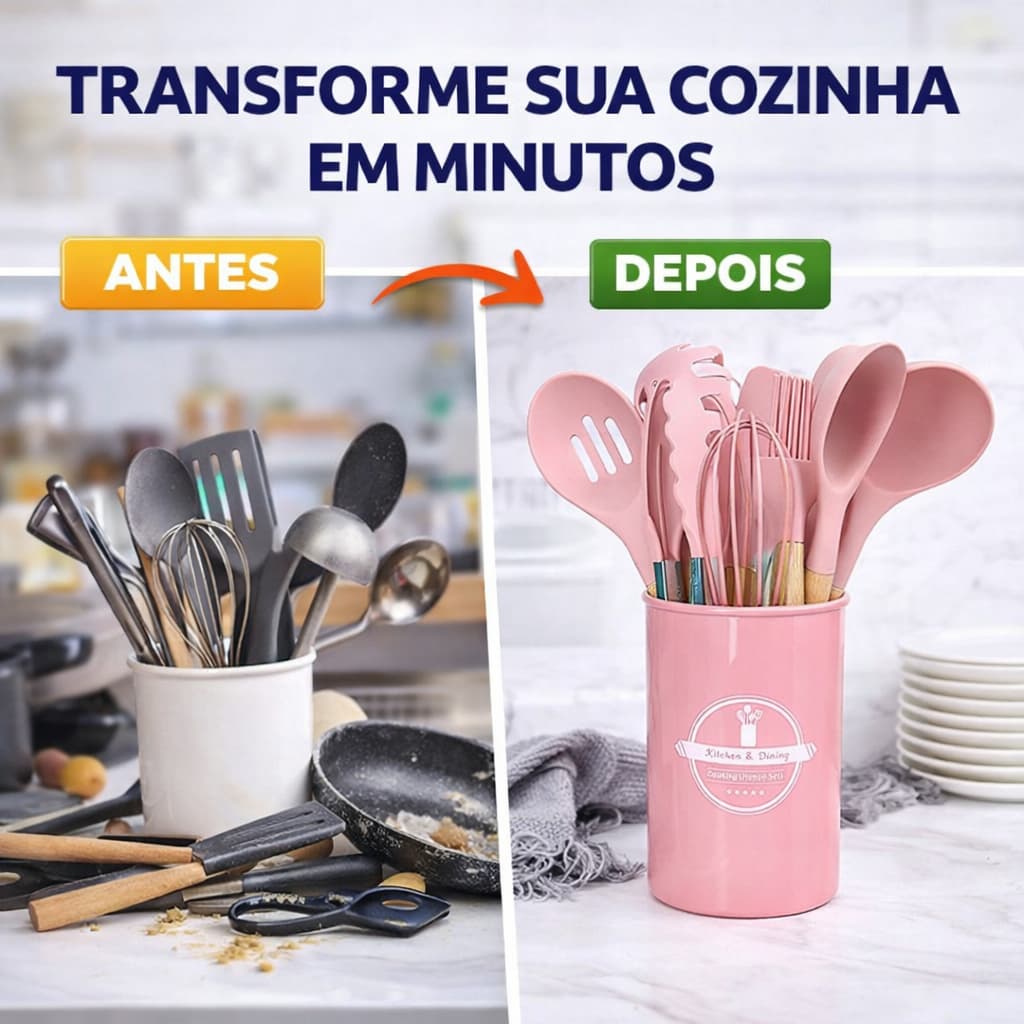 Conjunto de Utensílios de Cozinha 12 Peças - Silicone e Cabo de Madeira