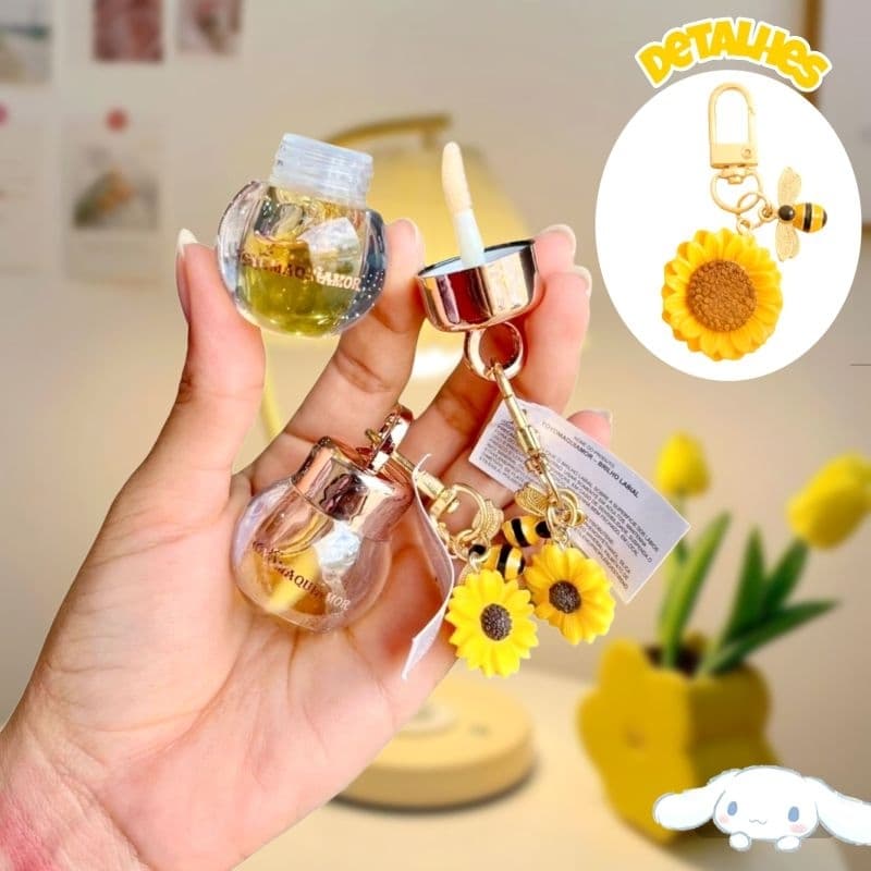 Lip Gloss de Mel com chaveiro - Abelhinha e flor - Gloss de Mel - Brilho Labial Kawai