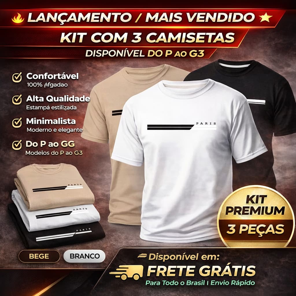 Kit 3 Camisas Masculinas 100% Algodão Premium Conforto Moda Casual Street PARIS | PLUS SIZE