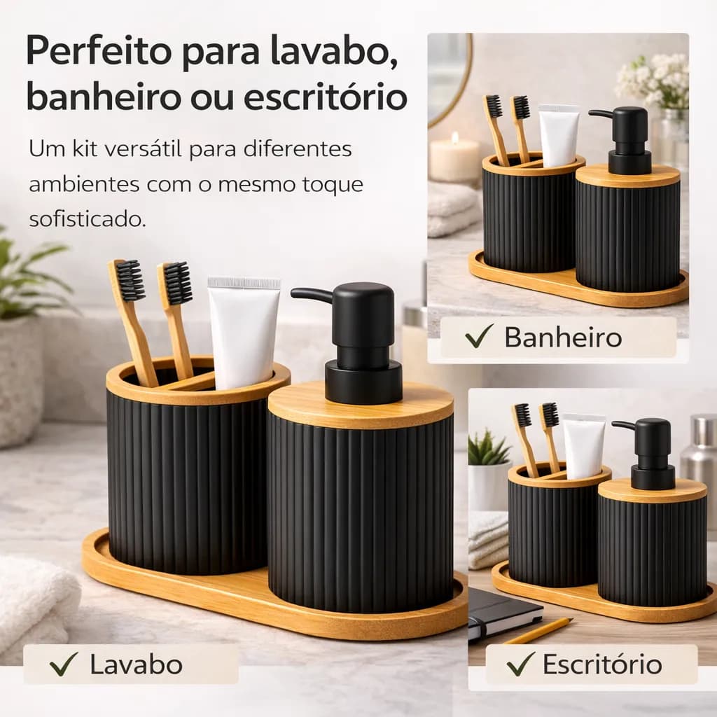 Kit Lavabo Banheiro Bandeja Sabonete Liquido Escova 3 Peças