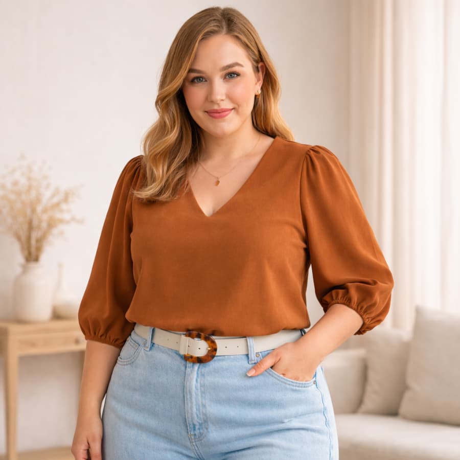 Blusa Feminina Plus Size Social Manga 3/4 Decote V Duna Não Amassa GG G1 G2 G3 Elegante Trabalho