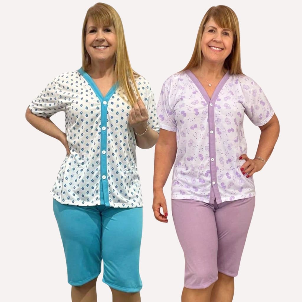 Kit 2 Pijama Feminino Pescador Aberto Manga curta amamentação cirurgia botão Conjunto Senhora