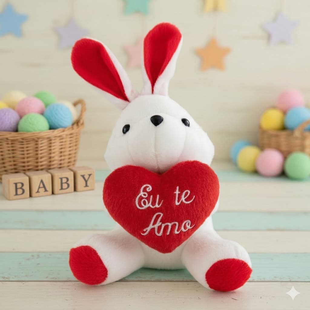 Pelúcia Coelho da Páscoa com Coração Bordado Eu Te Amo Decorativo Kit com 3