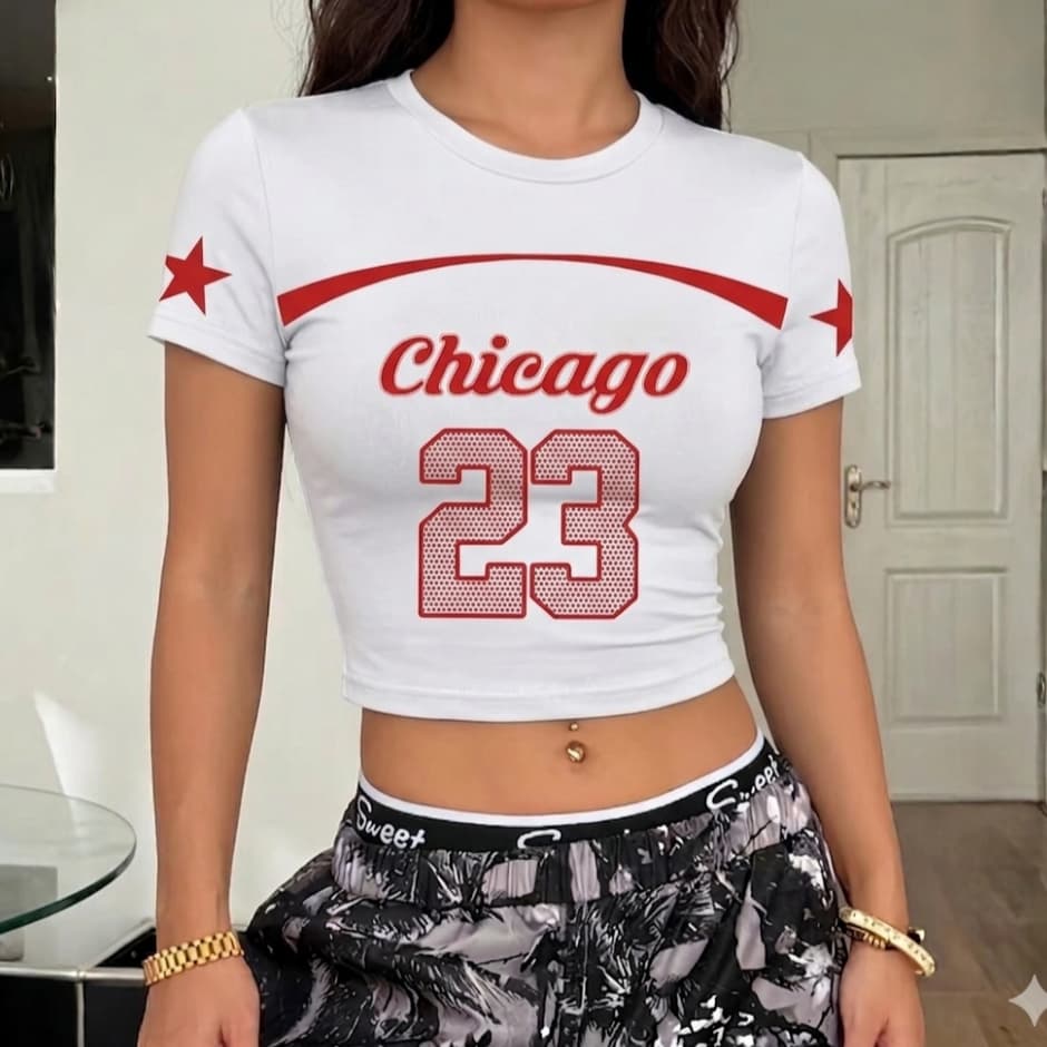 Camiseta Cropped Slim 100% Algodão Chicago 23 Moda Gringa Famosa Verão Branco Preto Azul Marinho